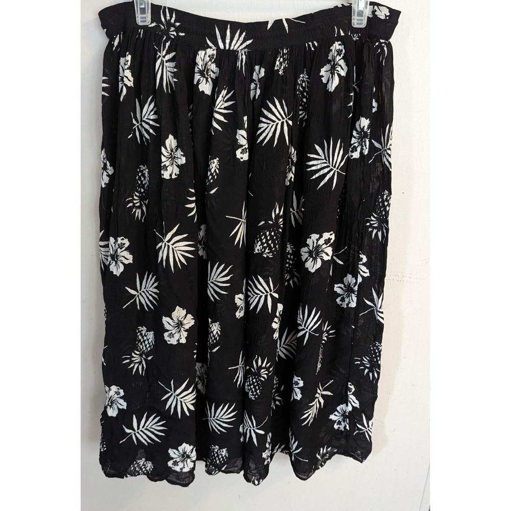 Vintage Entourage Women's 1X Black Gauze Tropical Print Elastic Waist Long Skirt